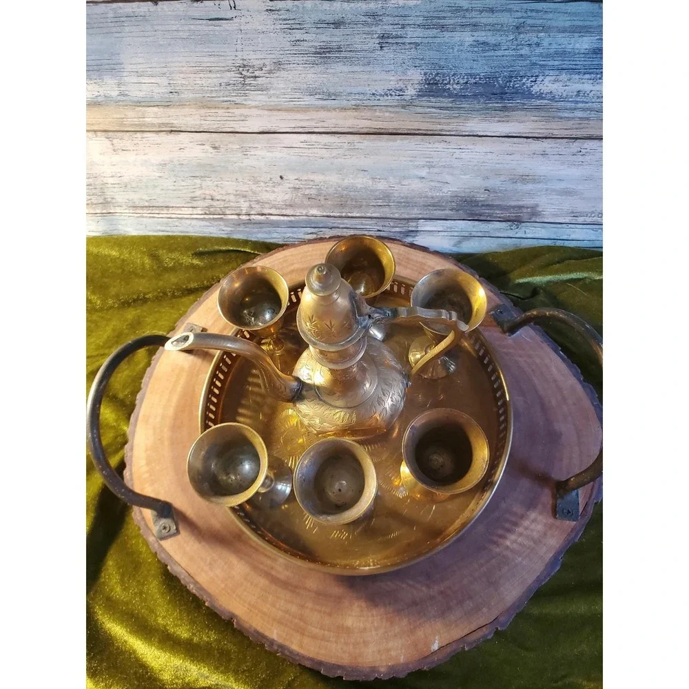 8 piece Vintage Etched Brass Turkish Coffee Set Made in India‎